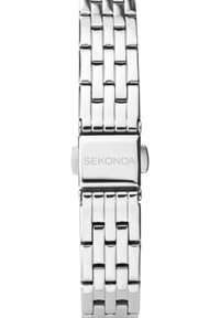 Montre-bracelet en métal argenté avec un bracelet à maillons, affichant un fermoir carré avec l'inscription "SEKONDA" pour le branding. Fini lisse et poli.