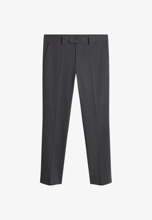 Harmaat räätälinhousut, joissa on sileä pinta, napillinen sulku, etutaskut ja suora lahje.