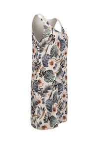 Ermeløs kjole med lyst beige stoff og tropisk blomsterprint i grønt, blått og brunt. Rett snitt og avslappet passform.