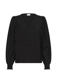 Blouse noire avec un décolleté en V et des manches bouffantes. Fabriquée en tissu léger, elle présente des poignets froncés pour une texture supplémentaire.
