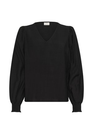 Črna bluzica z V-izrezom in napihnjenimi rokavi. Narejena iz lahkega materiala, s gathered manšetami za dodaten videz.