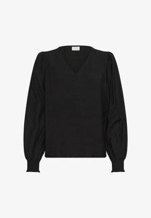 Juoda bliuskutė su V formos kaklu ir pūstomis rankovėmis. Pagaminta iš lengvos medžiagos, su surauktais rankovių galais, suteikiančiais papildomo tekstūros.