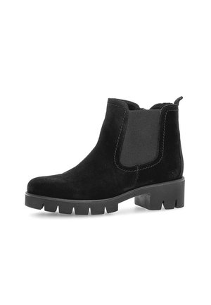 Black suede Chelsea ankle boot with chunky rubber sole and elastic side panels, pull tab at the heel.