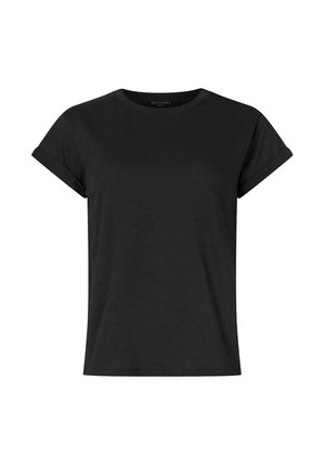 Zwarte katoen T-shirt met een ronde hals, opgerolde korte mouwen en een relaxte pasvorm. Gladde textuur, zonder patronen of versieringen.