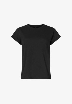 Zwarte katoen T-shirt met een ronde hals, opgerolde korte mouwen en een relaxte pasvorm. Gladde textuur, zonder patronen of versieringen.