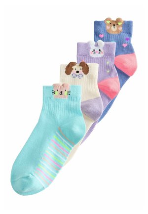Four colorful children's ankle socks with animal faces and ears: cat, dog, rabbit, and bear, arranged in a fan shape.