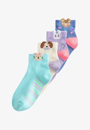 Four colorful children's ankle socks with animal faces and ears: cat, dog, rabbit, and bear, arranged in a fan shape.
