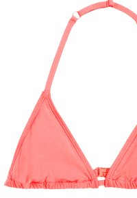 Bikini top v koralni triangl s nabranim robom, ozkimi naramnicami in nastavljivim zapiranjem na hrbtu. Narejena iz gladkega, raztegljivega materiala.
