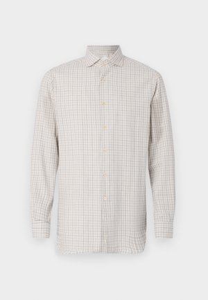 Langermet skjorte i lys beige med rutete mønster. Har spredt krage og knappelukking, med gullfargede knapper og en avslappet passform.