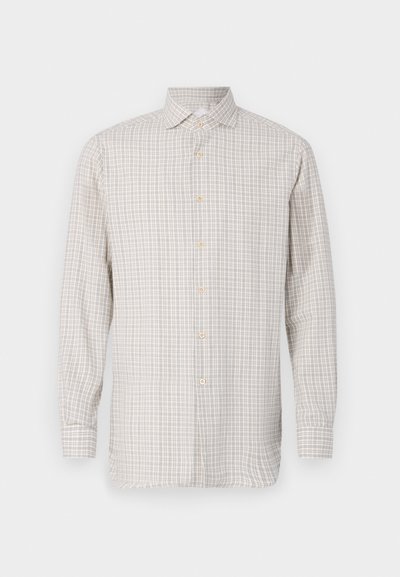 Long-sleeve shirt in light beige with a checked pattern. Features a spread collar and button closures, with gold-tone buttons and a relaxed fit.