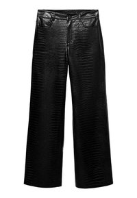 Zwart faux leren broek met krokodillenpatroon, wijd uitlopende pijpen, hoge taille en voorzakken. Glad oppervlak met een glanzende afwerking.