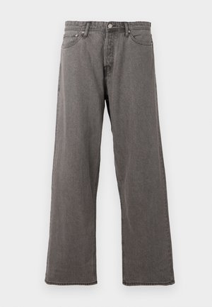 Gray straight-leg denim jeans with front button, zipper fly, and five-pocket design against a white background.