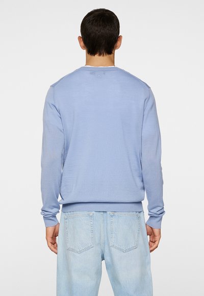 Light blue sweater made of soft fabric, featuring a round neckline and ribbed cuffs. Worn with light blue jeans. Overall relaxed fit.
