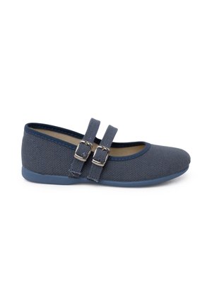 Navy blue Mary Jane shoe with textured fabric, two adjustable buckle straps, and a flat rubber sole, shown in profile.
