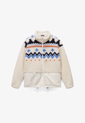 Cremfarbene Fleecejacke mit blauem, schwarzem und orangefarbenem geometrischem Muster über der Brust, durchgehendem Reißverschluss, zwei vorderen Reißverschlusstaschen und Kordelzügen am Saum.