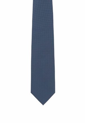 Marineblauer Krawatte mit weißen Punkten, aus glattem Stoff gefertigt, mit einer spitz zulaufenden Spitze und klassischem Design. Geeignet für formelle Anlässe.