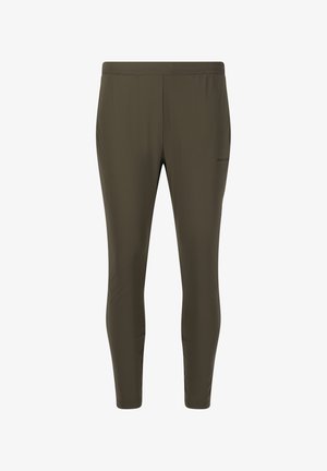 Dunkelolivgrüne Sportleggings aus glattem, dehnbarem Material mit einem elastischen Bund und einem schmalen Schnitt.