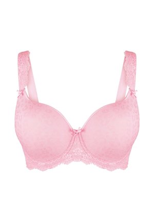 Pink lace bra with a leopard print pattern, seamless cups, decorative bows, and adjustable straps. Features floral lace trim at the band.