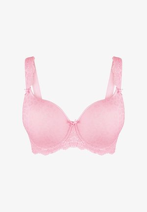 Rosa Spitzen-BH mit Leopardenmuster, nahtlosen Cups, dekorativen Schleifen und verstellbaren Trägern. Verfügt über florale Spitzenverzierungen am Band.