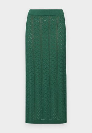 Vihreä neulehame, jossa on herringbone-kuvio, leveä vyötärönauha ja puolipitkä leikkaus, sekä teksturoitu pinta.