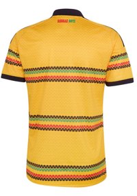 Κίτρινη πόλο μπλούζα με μαύρο γιακά και άκρες μανικιών, οριζόντιες ρίγες με κόκκινο, πράσινο και μαύρο σχέδιο, και το κείμενο "REGGAE BOYZ" στην άνω πλάτη.