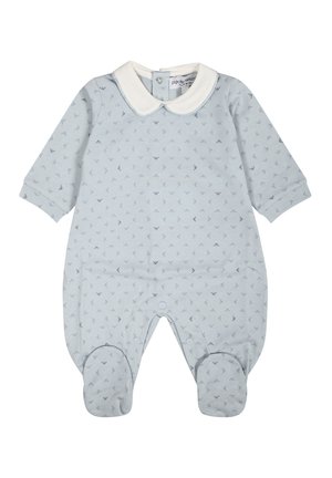 Tutina azzurra chiara con maniche corte, colletto alla Peter Pan bianco, motivo a uccellini sottile e chiusure a pressione sul fondo per un facile cambio.