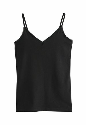 Camisola nera in morbido tessuto, con spalline sottili regolabili e bordi in pizzo sagomato lungo il collo e l'orlo.