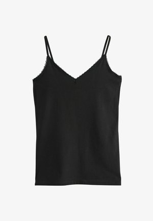 Czarna koszulka na ramiączkach z miękkiego materiału, z cienkimi regulowanymi ramiączkami oraz falbaniastym koronkowym wykończeniem w okolicy dekoltu i hemu.