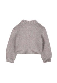 Maglione corto a maglia grigio heather con collo a girocoscia, polsini e orlo a costine, mostrato da dietro.