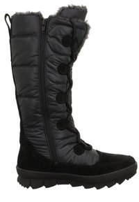 Schwarzer, hoher Winterstiefel mit einem Obermaterial aus gestepptem Nylon, Kunstfellbesatz, seitlichem Reißverschluss und schnürbarem Vorderteil mit runden Knöpfen. Dicke Sohle für besseren Halt.