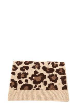 Accessorio con motivo leopardato in beige con macchie marroni scure, caratterizzato da una texture a costine nella parte inferiore e un sottile dettaglio del logo.