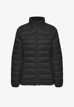 Giubbotto imbottito nero con colletto alto, design trapuntato, chiusura con zip frontale e senza loghi o decorazioni visibili.