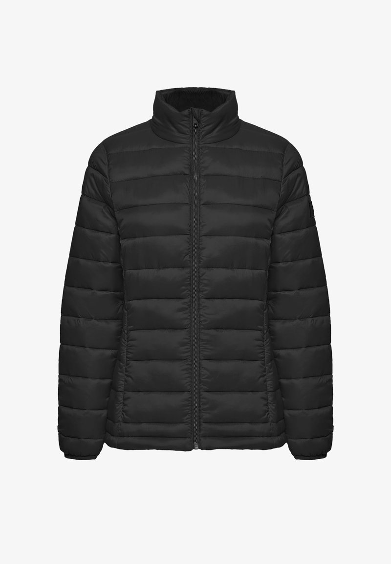 Svart vadderad jacka med hög krage, quiltat mönster, framficka med dragkedja och utan synliga logotyper eller dekorationer.