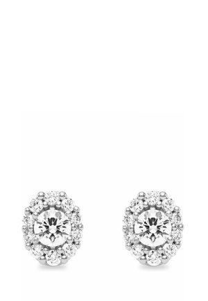 Paar runde Steckerohrringe mit einem großen zentralen Diamanten, umgeben von kleineren Diamanten, gefasst in einer silbernen Metallfassung.