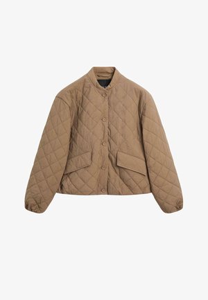 Hnědá prošívaná bunda s dlouhým rukávem, zapínání na patentky, boční kapsy a límec bez klopy, zobrazena na bílém pozadí.