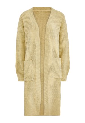 Cardigan lungo beige lavorato a maglia con motivo testurizzato, apertura frontale, maniche lunghe e due tasche a toppa frontali.