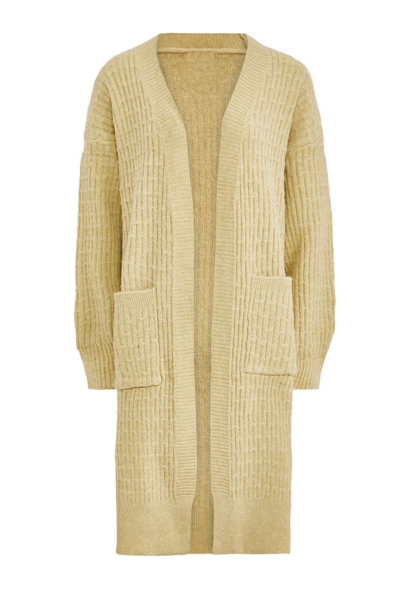 Cardigan lungo beige lavorato a maglia con motivo testurizzato, apertura frontale, maniche lunghe e due tasche a toppa frontali.