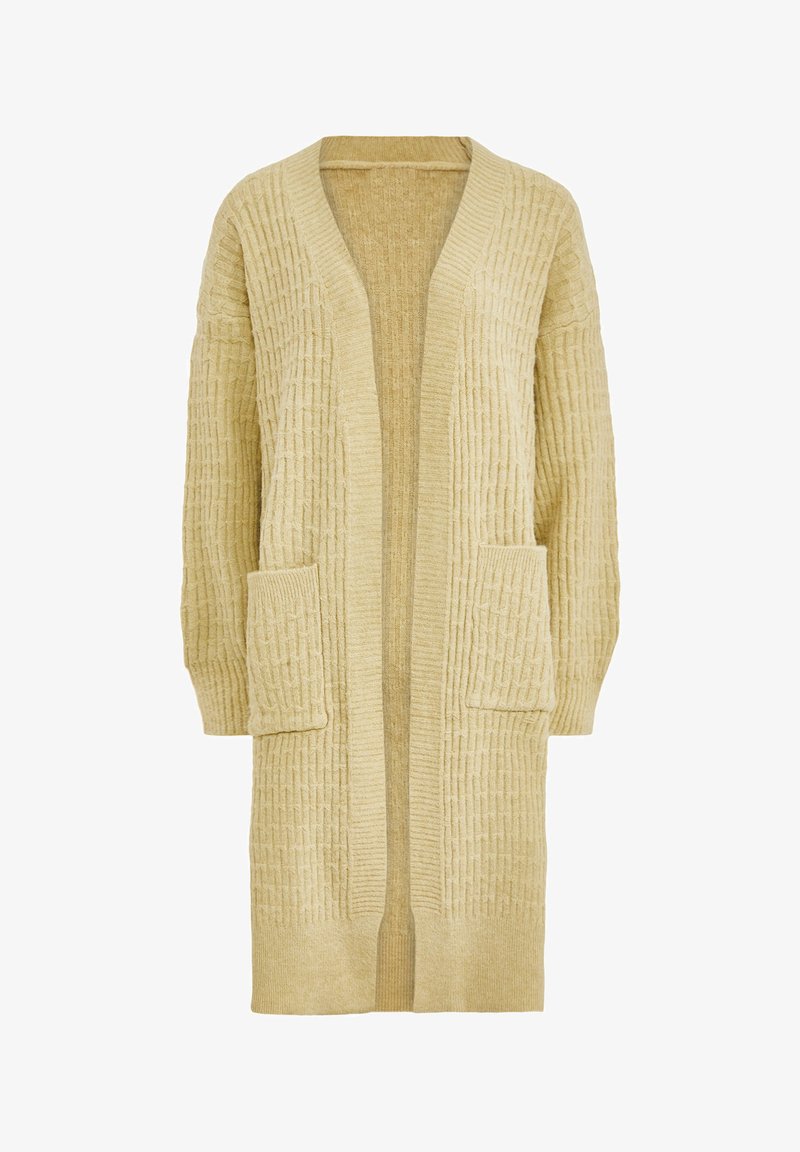 Hosszú bézs kötött kardigán texturált mintával, nyitott elejű, hosszú ujjú és két elülső zsebével.