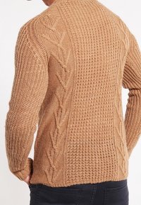Maglione marrone lavorato a maglia con una combinazione di motivi a coste e a treccia sulla schiena, dotato di maniche lunghe e di un design aderente.