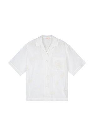 Wit kortärmelig overhemd met knopen en een zakje op de linkerborst, met subtiele geborduurde bloemmotieven.