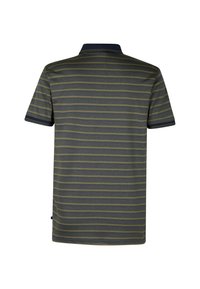 Polo tričko s krátkým rukávem v tmavě zelené barvě s vodorovnými žlutými pruhy, s námořnickým límečkem a texturovanou tkaninou.