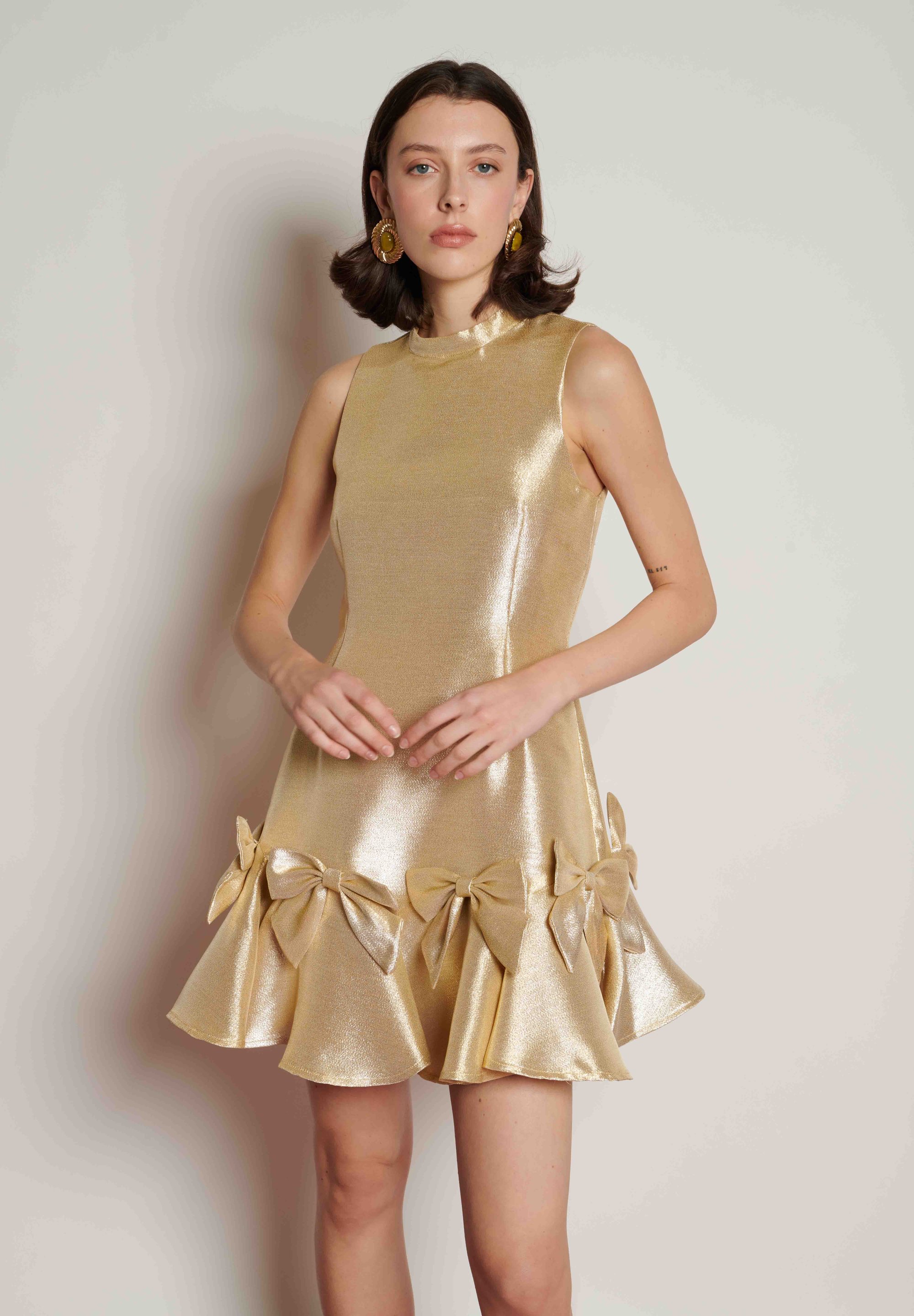 green emerald velvet dress Shimmy Bow Mini Dress Golden / L+