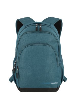 Teal fabric backpack with padded straps, multiple zippered compartments, black bottom accents, and a subtle logo detail on the side.