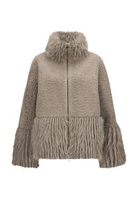 Taupe Zip-Up-Jacke mit einem flauschigen hohen Kragen, strukturiertem Wolloberteil und langen, struppigen Kunstfell-Ärmeln und -Saum.