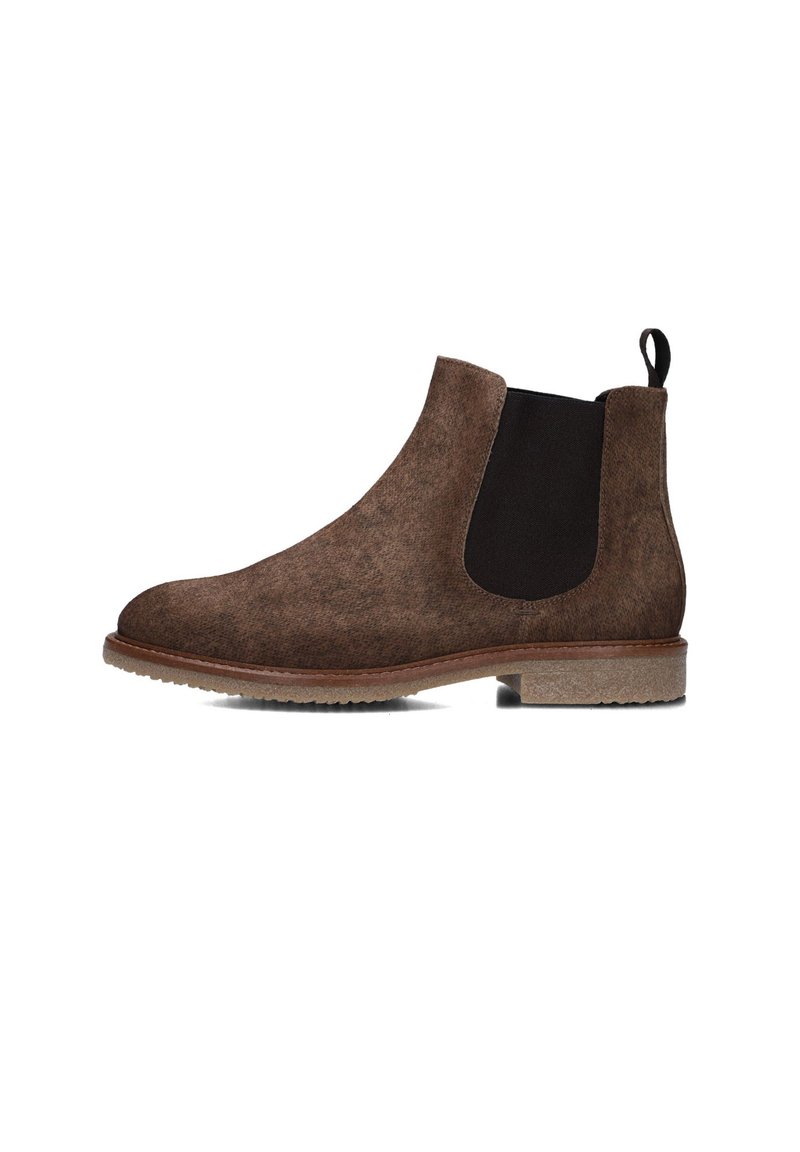 Bruine leren Chelsea-boots van suede met zwarte elastische zijkanten, een gladde rubberen zool en een treklus aan de achterkant voor gemakkelijk aan- en uittrekken.