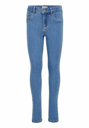Kopott kék farmer skinny farmer, magas derékkal, elülső zsebekkel, cipzáras és gombos záródással, enyhe kopással a textúra érdekében.