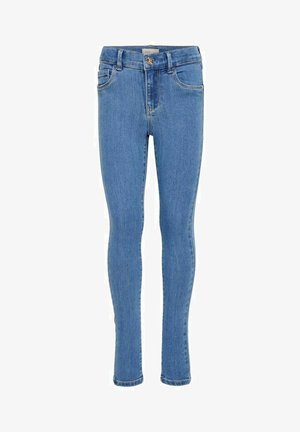 Tynne jeans i middels blå denim, med høy midje, frontlommer, glidelås og knappelukking, med lett falming for tekstur.