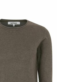 Olivengrüner Pullover mit Rundhalsausschnitt, geripptem Textur, langen Ärmeln und einem Etikett mit der Aufschrift "Soft Rebels" im Kragen. Größe S.