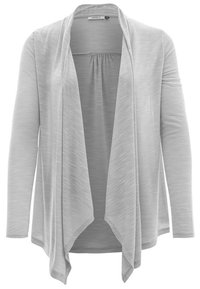 Jasnoszary kardigan wykonany z miękkiego, teksturowanego materiału. Posiada otwarty przód z opadającymi brzegami oraz długie rękawy. Brak widocznych zapięć.