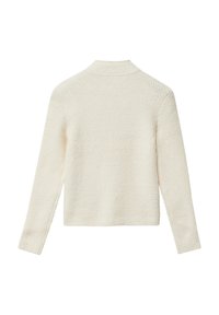 Langarm-Creme-Strickpullover mit hohem Kragen, von hinten auf weißem Hintergrund gezeigt.
